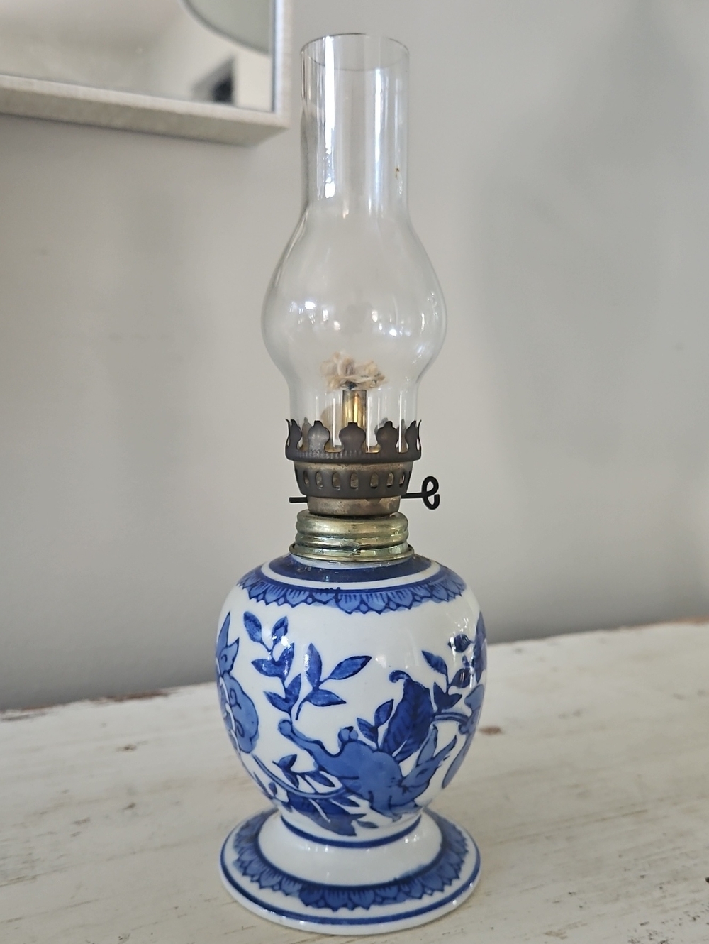 Vintage 7" Blue and White Floral Ceramic Oil/Kerosene  Lamp - Unbranded